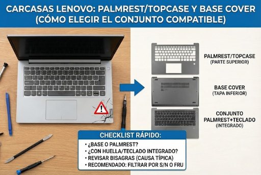 Carcasas Lenovo: palmrest/topcase y base cover (cómo elegir el conjunto compatible)