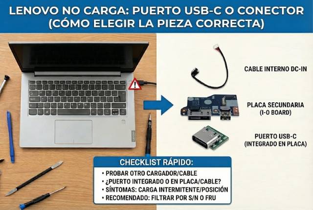 Lenovo no carga: puerto USB-C o conector de carga, qué pieza necesitas (DC-in cable, USB board, charging board)