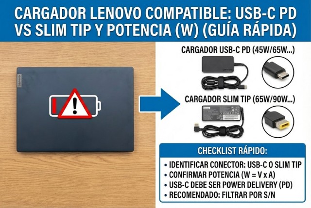 Cargador Lenovo compatible: USB-C PD vs Slim Tip y potencia (W) (guía rápida)