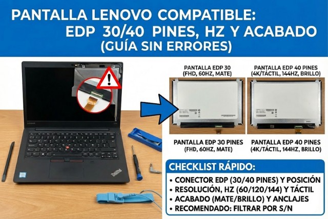 Pantalla Lenovo compatible: eDP 30/40 pines, Hz y acabado (guía sin errores)