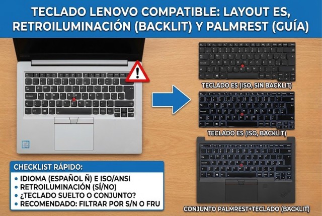 Teclado Lenovo compatible: layout ES, retroiluminación (backlit) y palmrest (guía)