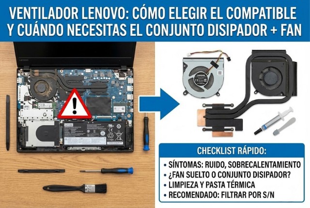 Ventilador Lenovo: cómo elegir el compatible y cuándo necesitas el conjunto disipador + fan