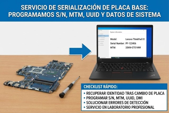 Servicio de serialización de placa base: programamos S/N, MTM, UUID y datos de sistema en laboratorio