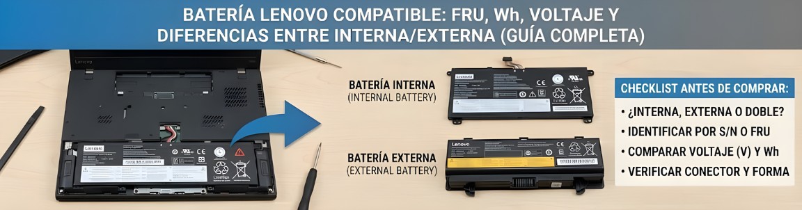 Batería Lenovo compatible: FRU, Wh, voltaje y diferencias entre interna/externa (guía completa)