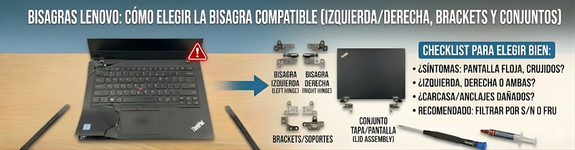 Bisagras Lenovo: cómo elegir la bisagra compatible (izquierda/derecha, brackets y conjuntos)
