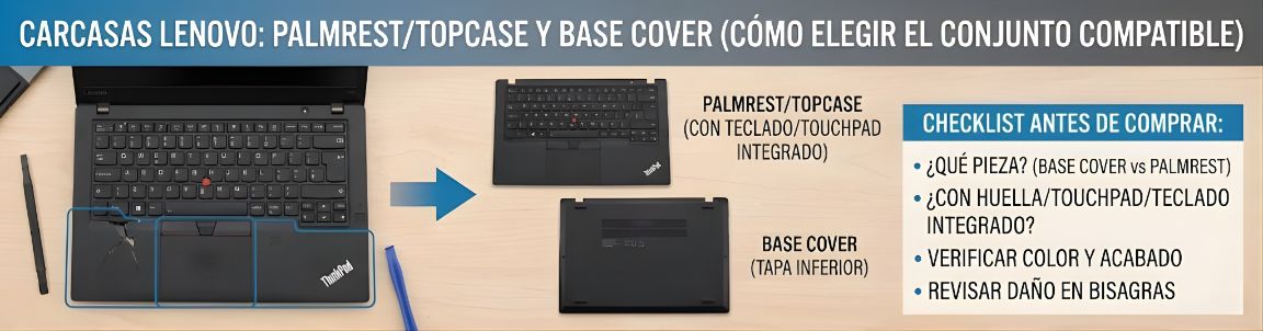 Carcasas Lenovo: palmrest/topcase y base cover (cómo elegir el conjunto compatible)