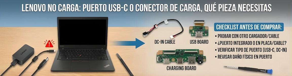 Lenovo no carga: puerto USB-C o conector de carga, qué pieza necesitas (DC-in cable, USB board, charging board)