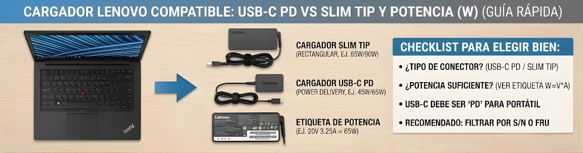 Cargador Lenovo compatible: USB-C PD vs Slim Tip y potencia (W) (guía rápida)