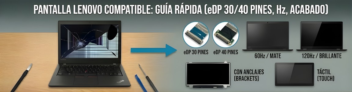 Pantalla Lenovo compatible: eDP 30/40 pines, Hz y acabado (guía sin errores)