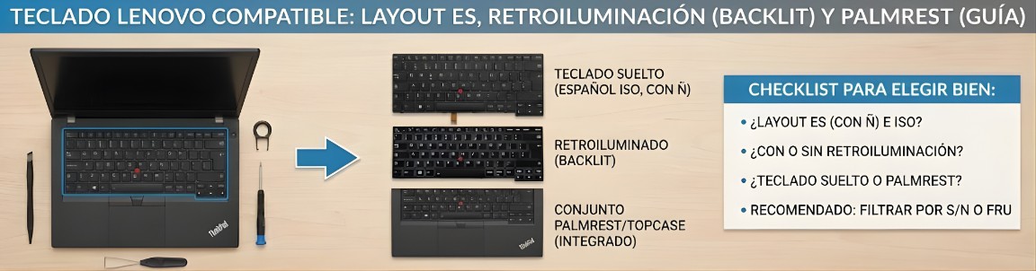 Teclado Lenovo compatible: layout ES, retroiluminación (backlit) y palmrest (guía)