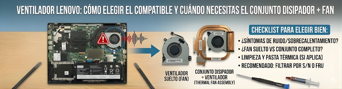 Ventilador Lenovo: cómo elegir el compatible y cuándo necesitas el conjunto disipador + fan
