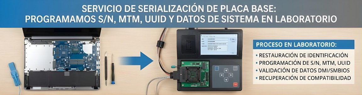 Servicio de serialización de placa base: programamos S/N, MTM, UUID y datos de sistema en laboratorio